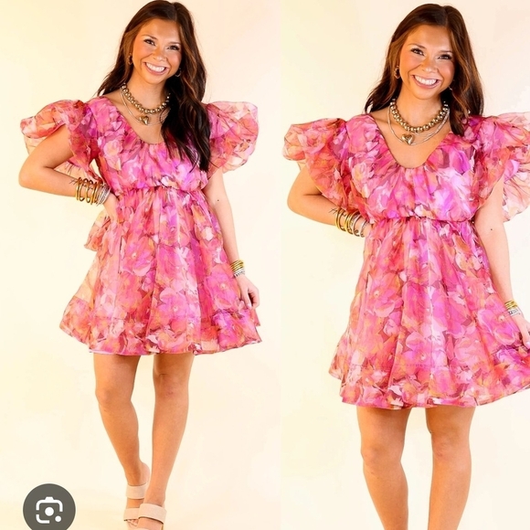 Buddy Love Dresses & Skirts - NWT Buddy Love Pink and Purple Floral Dainty Elegant Puff Sleeve Dress M PTP 19